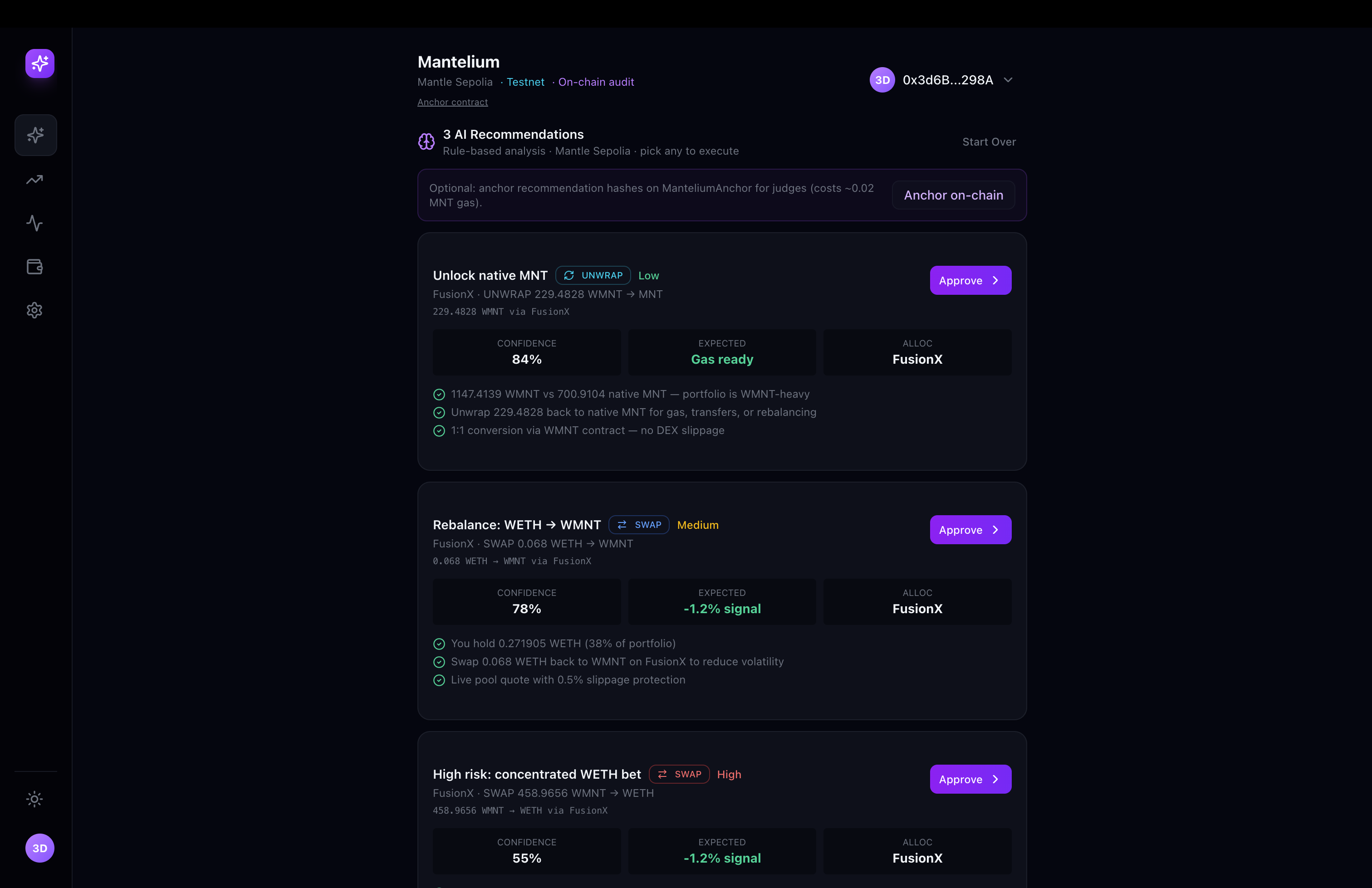 Mantelium - AI portfolio copilot for Mantle Network that reads on-chain positions, scans ecosystem yield signals, and proposes verifiable, non-custodial execution strategies.