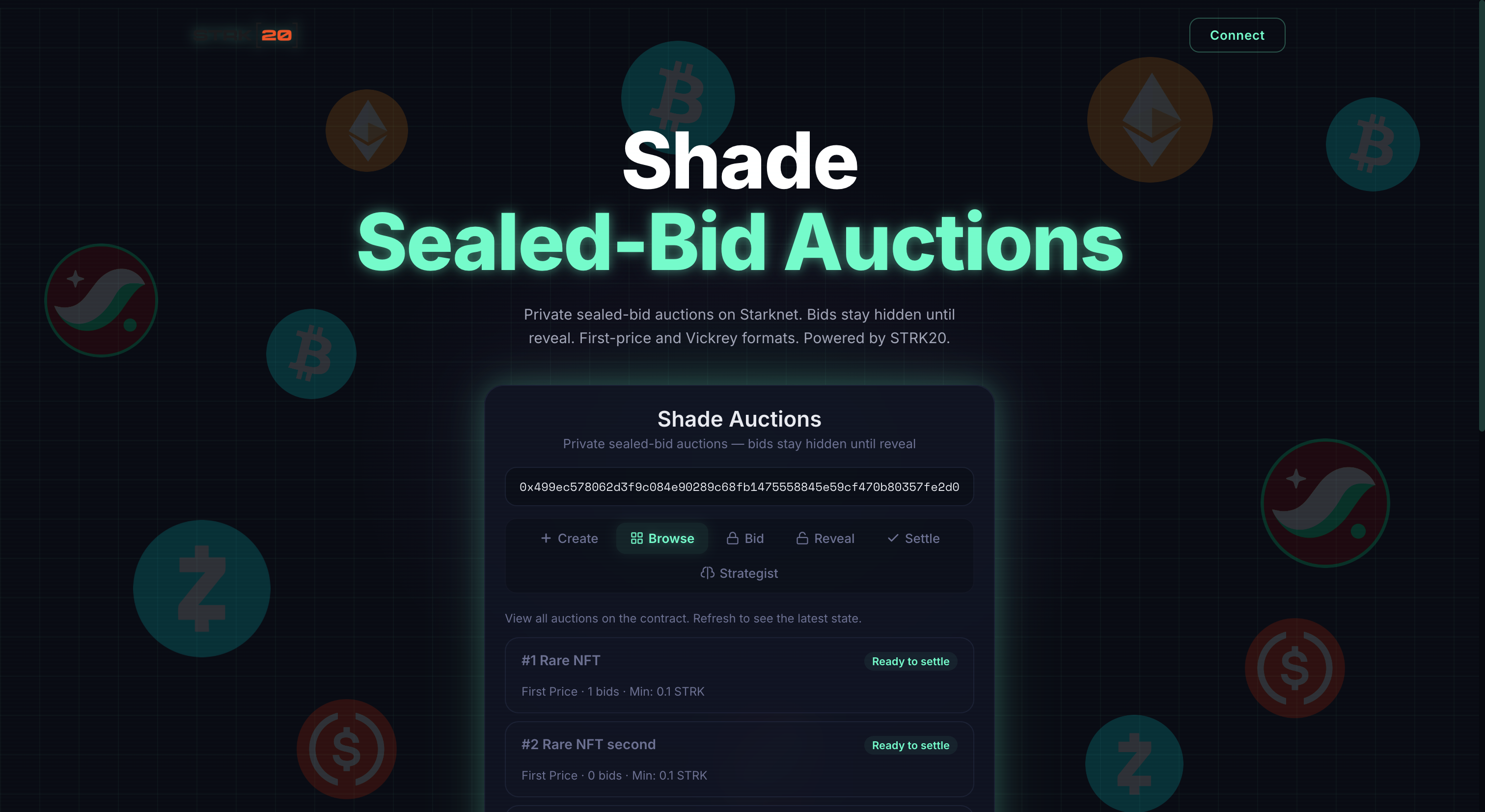 Shade - Private sealed-bid and Vickrey second-price auction protocol deployed on Starknet mainnet, leveraging STRK20 privacy pools and Poseidon cryptographic commitments.