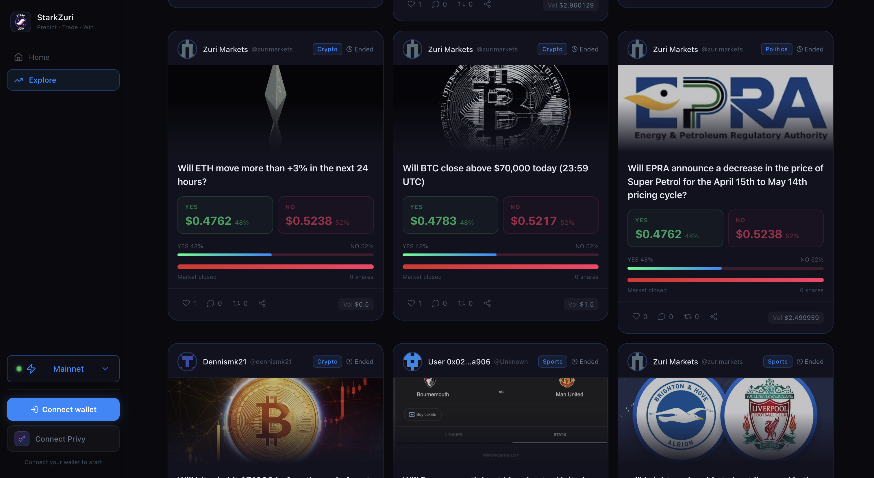 StarkZuri - Frictionless social prediction market on Starknet mainnet featuring sponsored zero-gas execution via AVNU Paymaster (SNIP-9) and Privy embedded wallet auth.