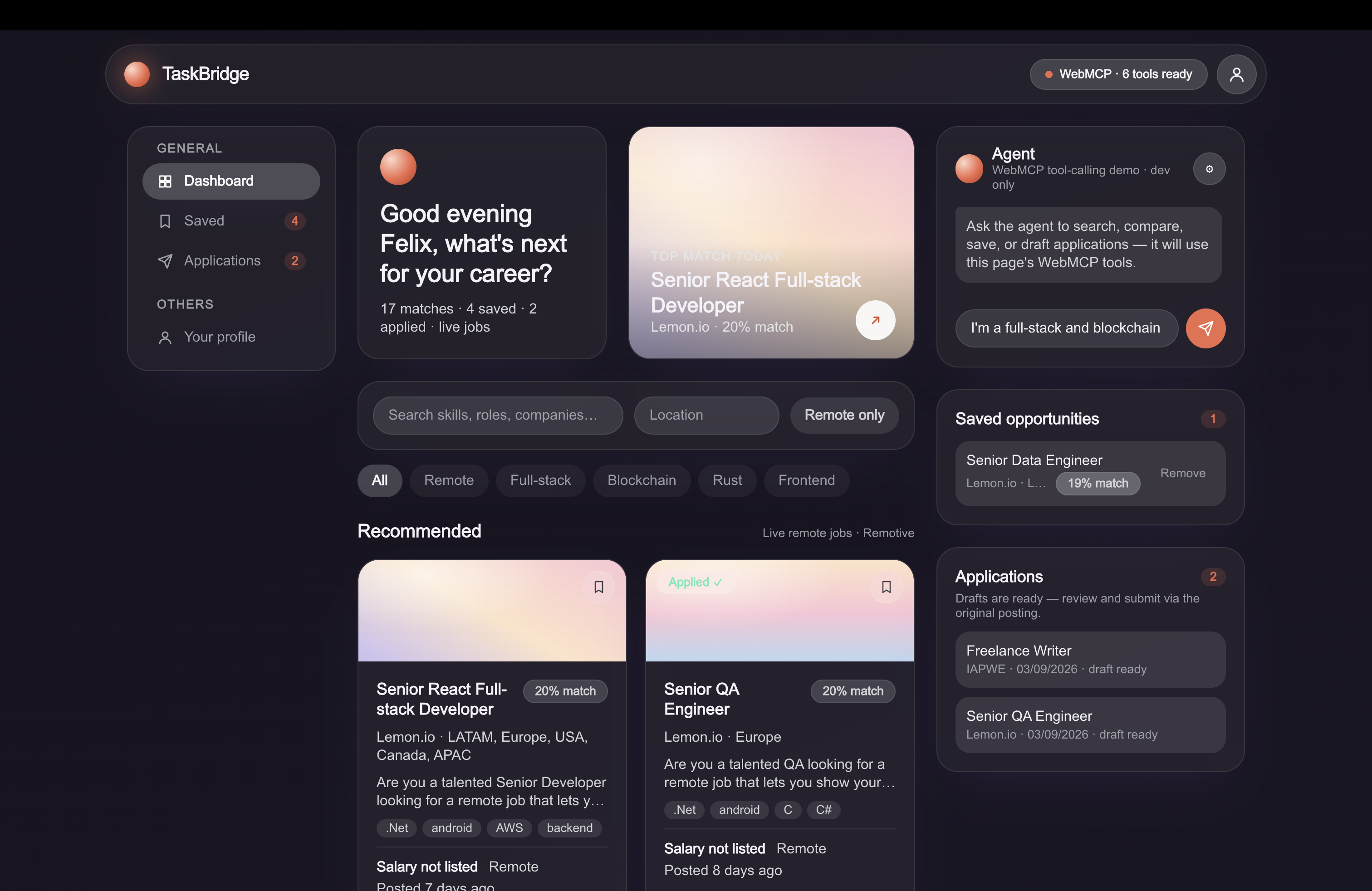 TaskBridge - Dual-interface job workspace built for the OpenAI WebMCP Challenge, exposing browser-native model tools so autonomous agents and humans collaborate seamlessly.